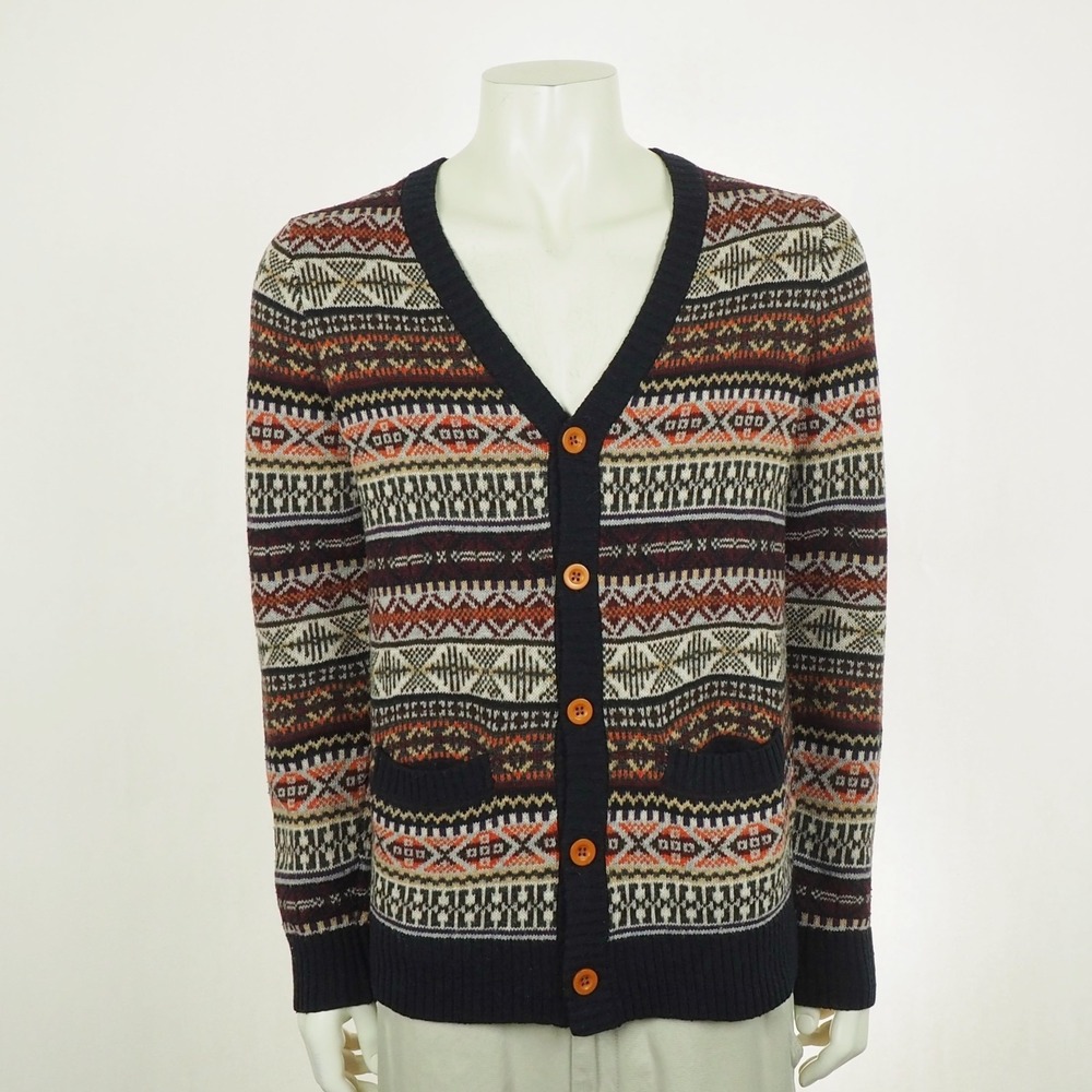 CPO Provisions Sweater Cardigan Mens Medium Blue Fair Isle Nordic Acrylic Wool